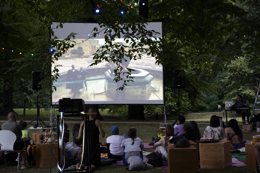 Screening of “Fountain action” (2016), D’EST video art festival, Postsocialism as Method: Anti-Geographies of Collective Desires,  Biesdorf Palace, Berlin, documentation image, June 2023, photographer: Mika Schwarz
